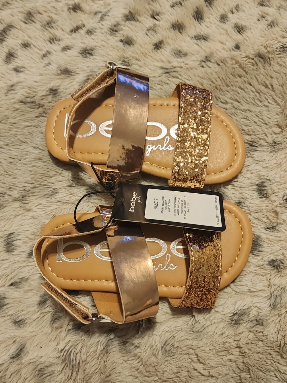 Bebe Girls Gold Glitter Strap Sandals - Size 7 Toddler
